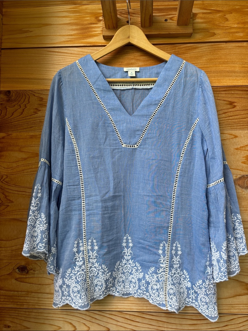 Sundance Embroidered Blue Cotton Bell Sleeve Boho Tunic Top Medium